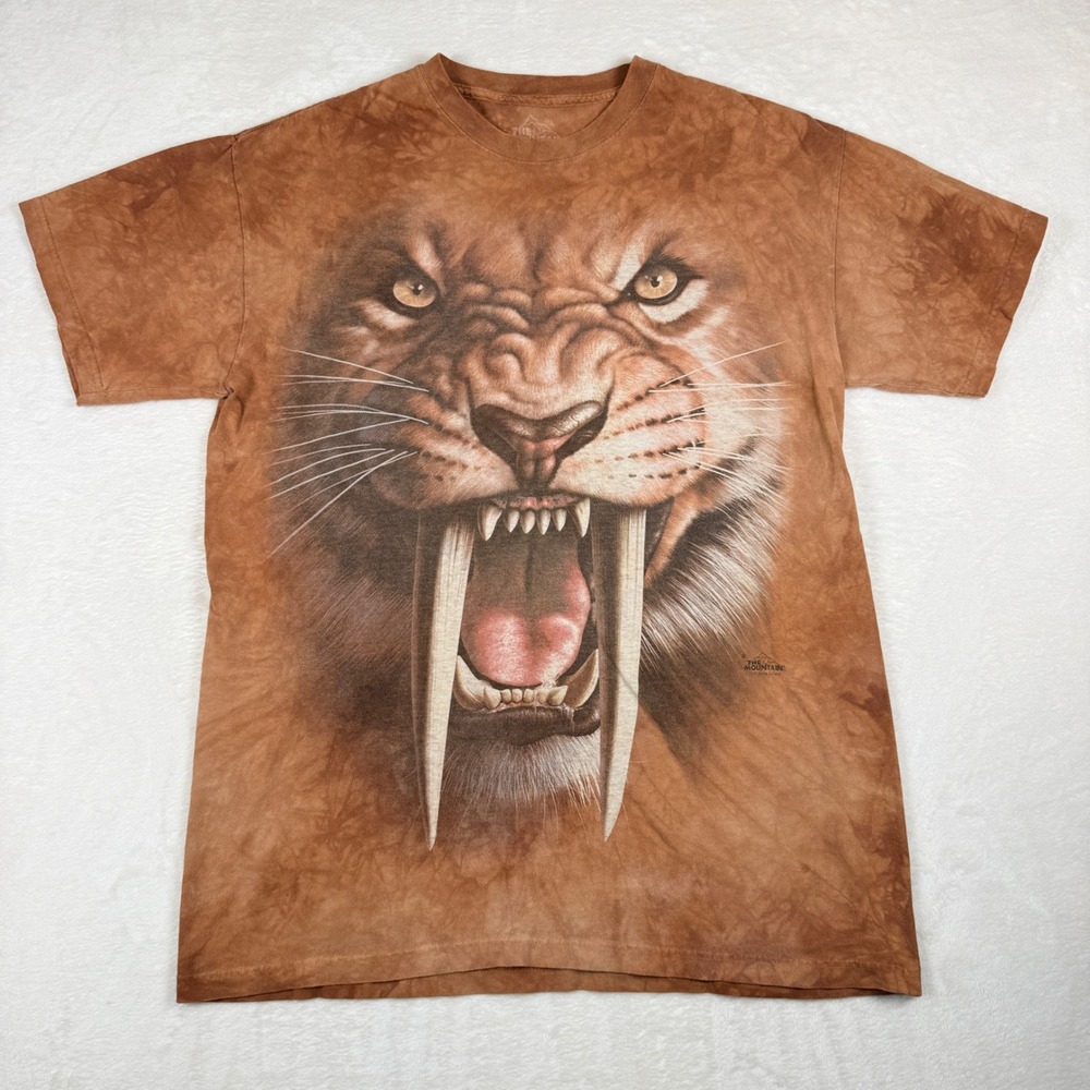 The Mountain Saber-tooth‎ Tiger Graphic Tee Brown Tie Dye Mens Large 2011 LoFaro